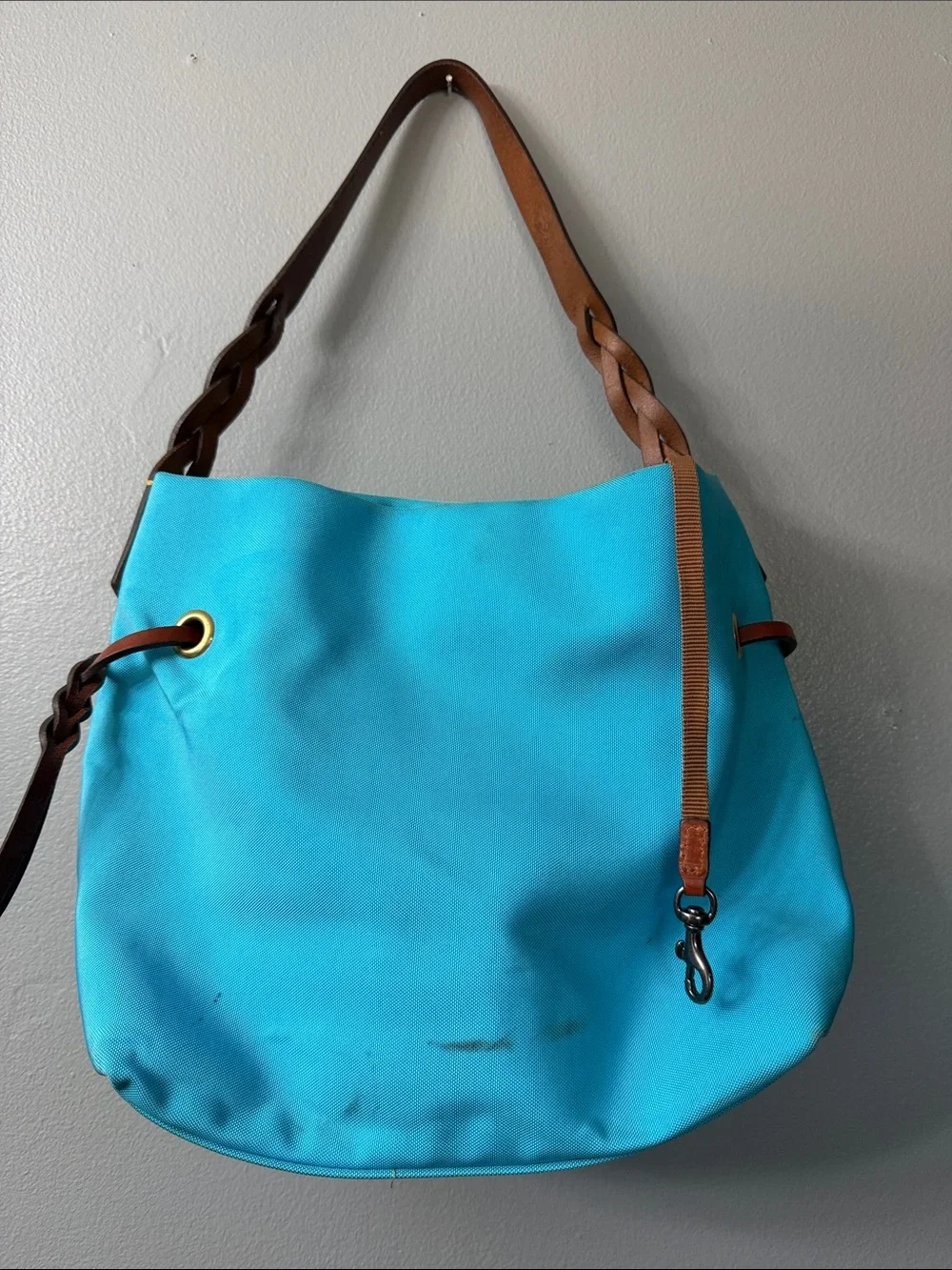 Dooney & Bourke Turquoise Canvas Hobo with Brown Leather Trim
